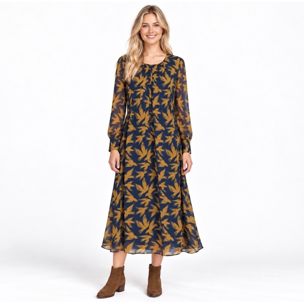 Boden Blue Yellow Bird Print Long Sleeve Midi Dress US 14P UK 18R
